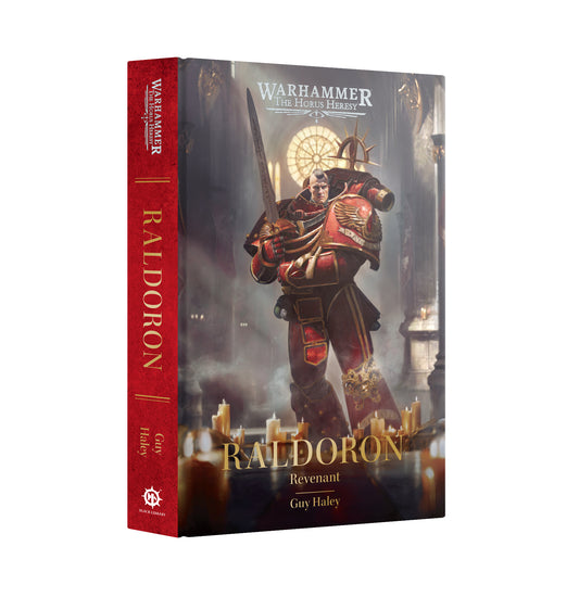 Warhammer 40k Revenant Raldoron book by Guy Haley, featuring a red spine and cover with a detailed illustration of a Warhammer Revenant in red armor.