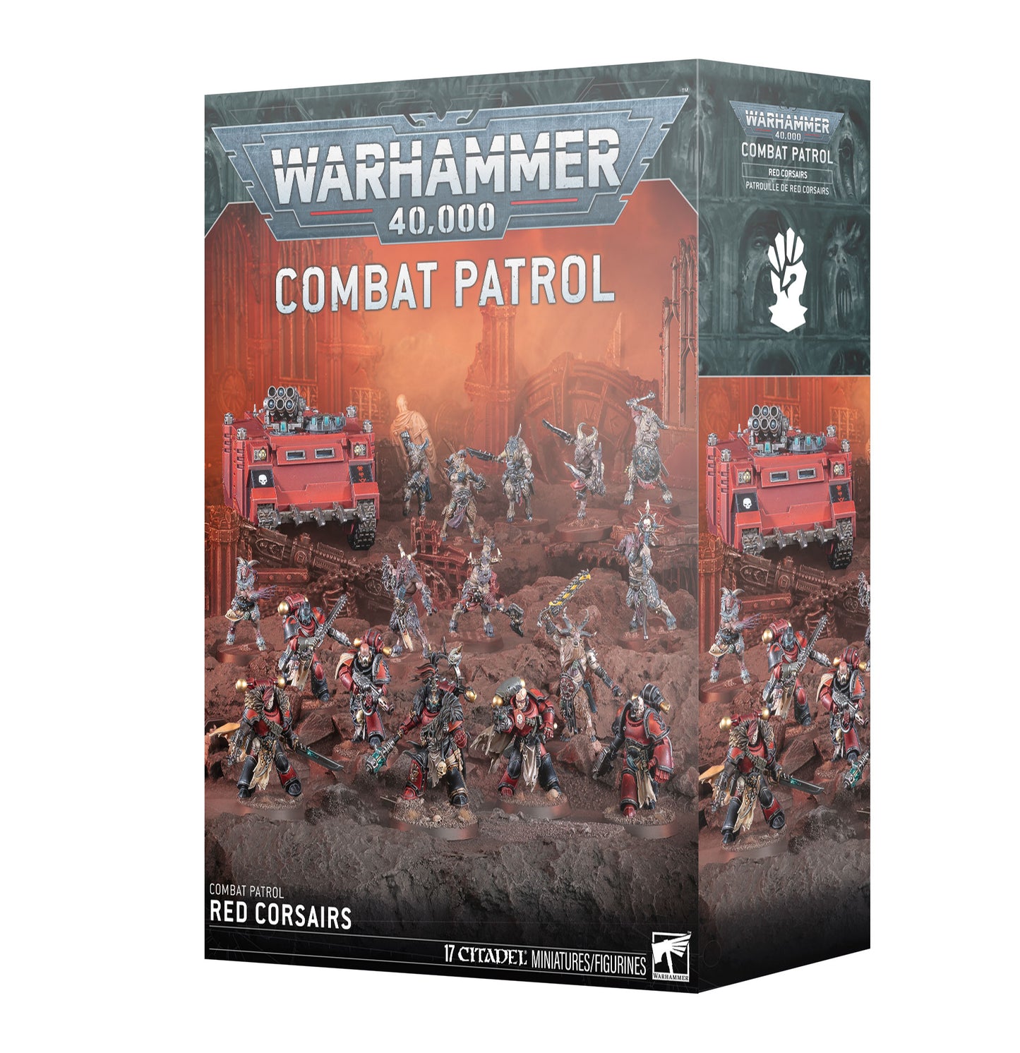 Warhammer 40,000 Combat Patrol game box with miniatures and vehicles on a white background
