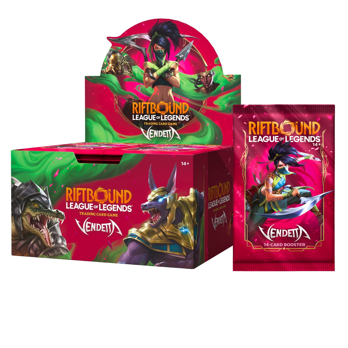 League of Legends Vendingia trading card boxes and packs on a white background