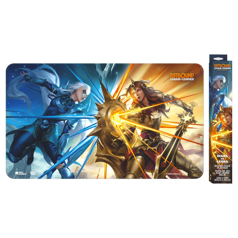 League of Legends playmat featuring Diana fighting Leona shown next to its retail packaging on a plain white background.