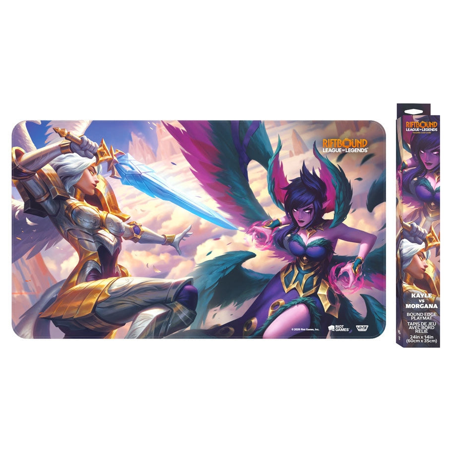 A rectangular League of Legends playmat featuring artwork of Kayle and Morgana in combat, shown alongside its retail packaging on a plain white background.