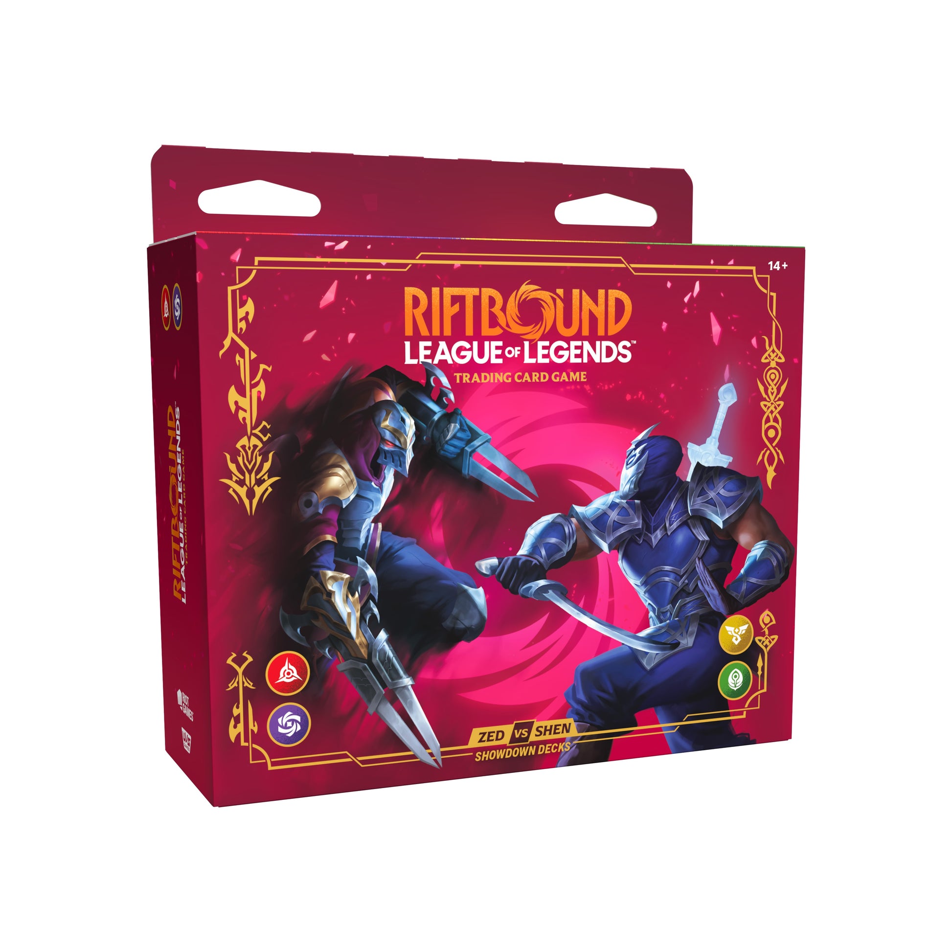 Trading card game box for 'League of Legends' with two characters on a red background