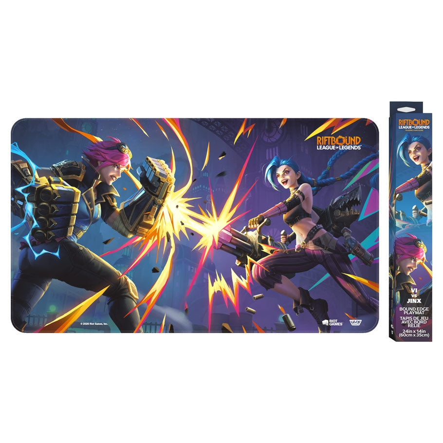 A rectangular tabletop gaming mat featuring a dynamic battle scene with the characters Vi and Jinx facing off in combat, shown alongside its retail packaging on a plain white background