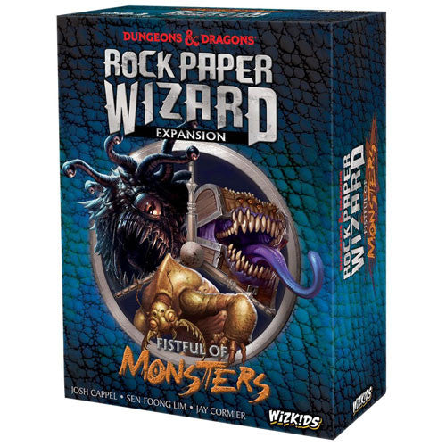 Dungeons & Dragons Rock Paper Wizard expansion box with dragon and monster design on a blue textured background