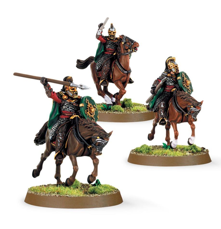 Three toy soldiers on horseback with detailed armor and weapons on a white background