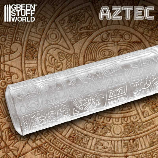 A rolling pin with Aztec pattern designs, designed for use with modeling putty, clay, and epoxy.