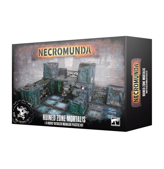 A boxed product labeled 'Necromunda: Ruined Zone Mortalis' showing a modular kit for building terrain, with various miniature components visible through a clear plastic window.