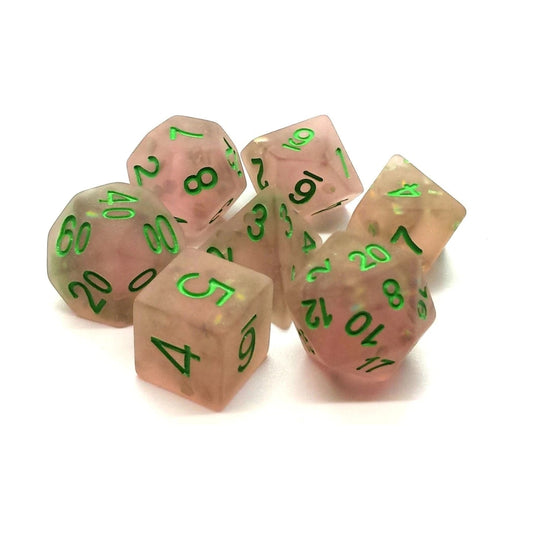 Old School Dice: 7 Piece DnD RPG Dice Set: Infused - Frosted Firefly - Pink w/ Green