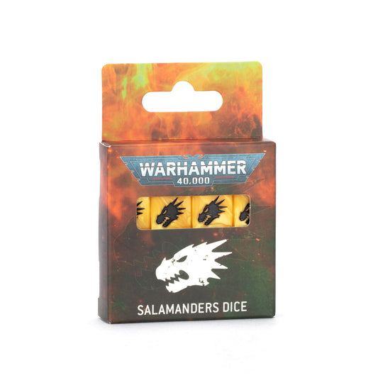 Salamanders dice package art featuring a Salamanders logo on a flame background. The dice are yellow with black pips that feature the Salmanders logo on one side.