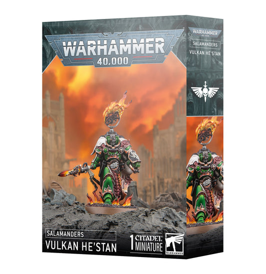 Warhammer 40,000 Salamanders Vulkan He'Stan miniature box with fiery background