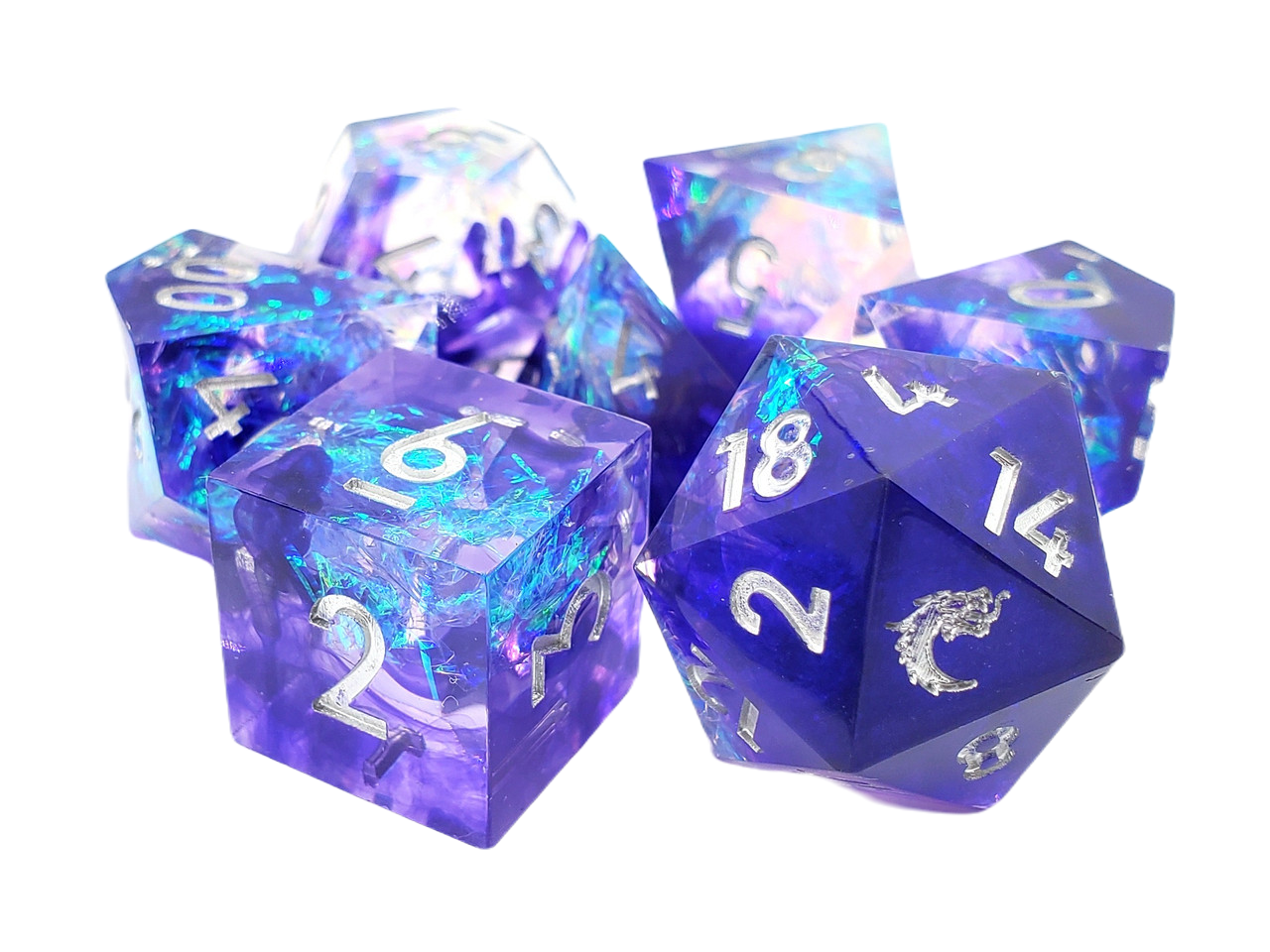 Old School Dice: 7 Piece Dice Set Sharp Edged Sapphire Burst