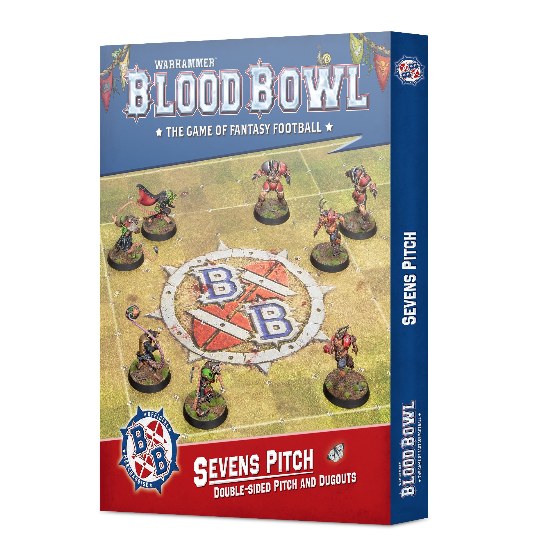 Warhammer Blood Bowl: Sevens Pitch double-sided pitch and duduks box set, showing the front and spine of the product box on a plain white background.