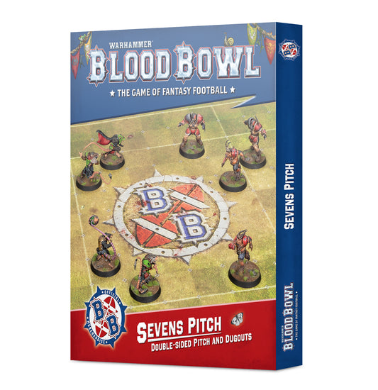 Warhammer Blood Bowl: Sevens Pitch double-sided pitch and duduks box set, showing the front and spine of the product box on a plain white background.