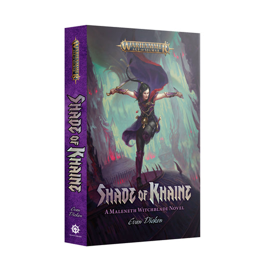 Book titled 'Shade of Khaine' with a fantasy cover on a white background