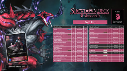 Card list for 'Showdown Deck Abysscraft' with a dragon illustration on a dark background