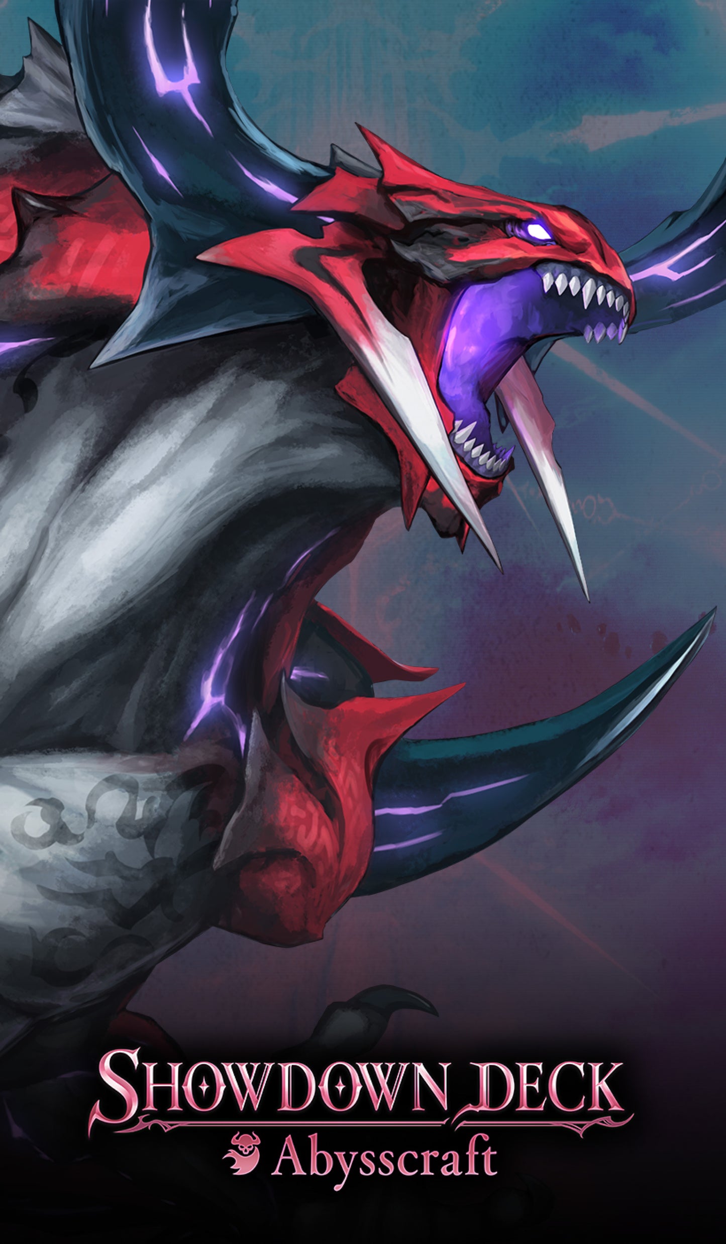 Illustration of a dragon with glowing eyes and sharp teeth, labeled 'Showdown Deck Abysscraft' on a dark background.