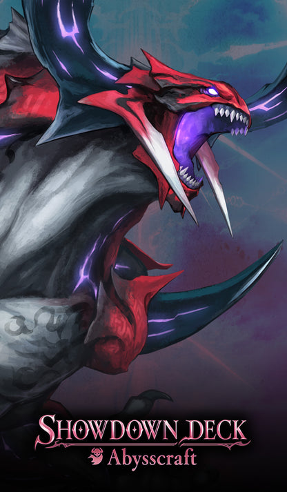 Illustration of a dragon with glowing eyes and sharp teeth, labeled 'Showdown Deck Abysscraft' on a dark background.