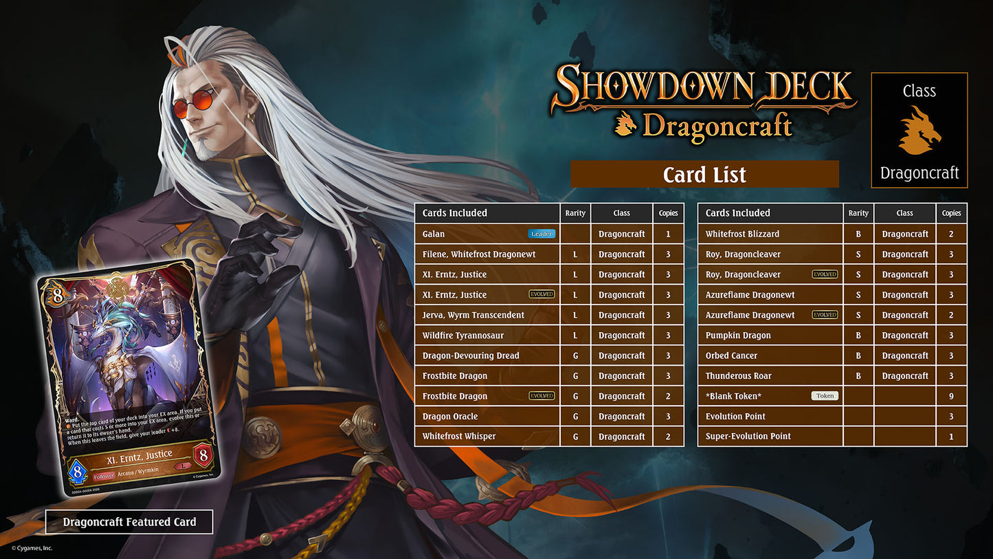 Card game interface for 'Showdown Deck Dragoncraft' with character and card details.