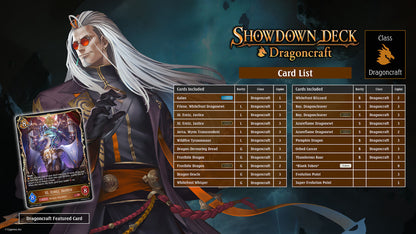 Card game interface for 'Showdown Deck Dragoncraft' with character and card details.