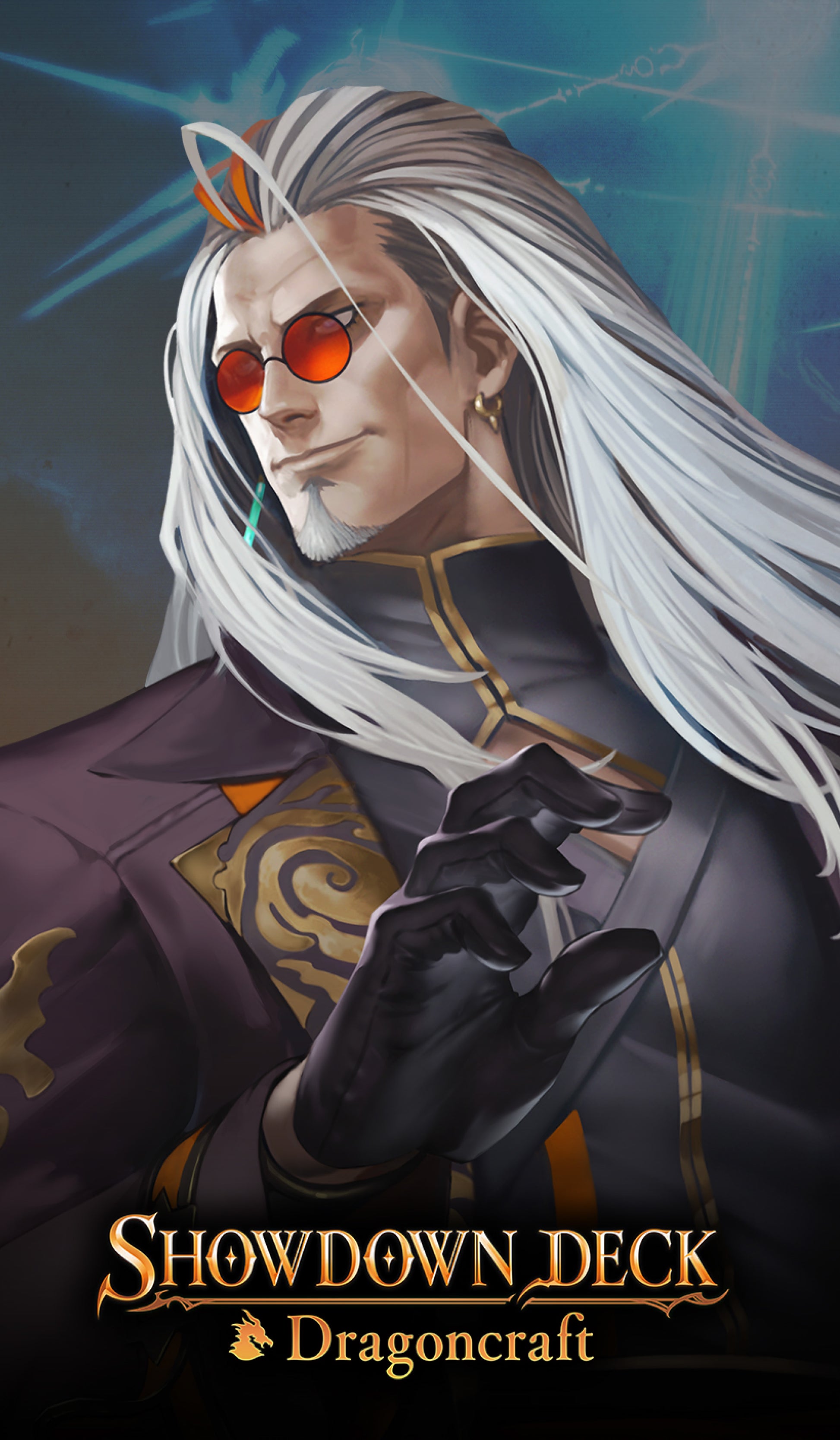 Character with white hair and red sunglasses in a dark outfit, with 'Showdown Deck Dragoncraft' text.