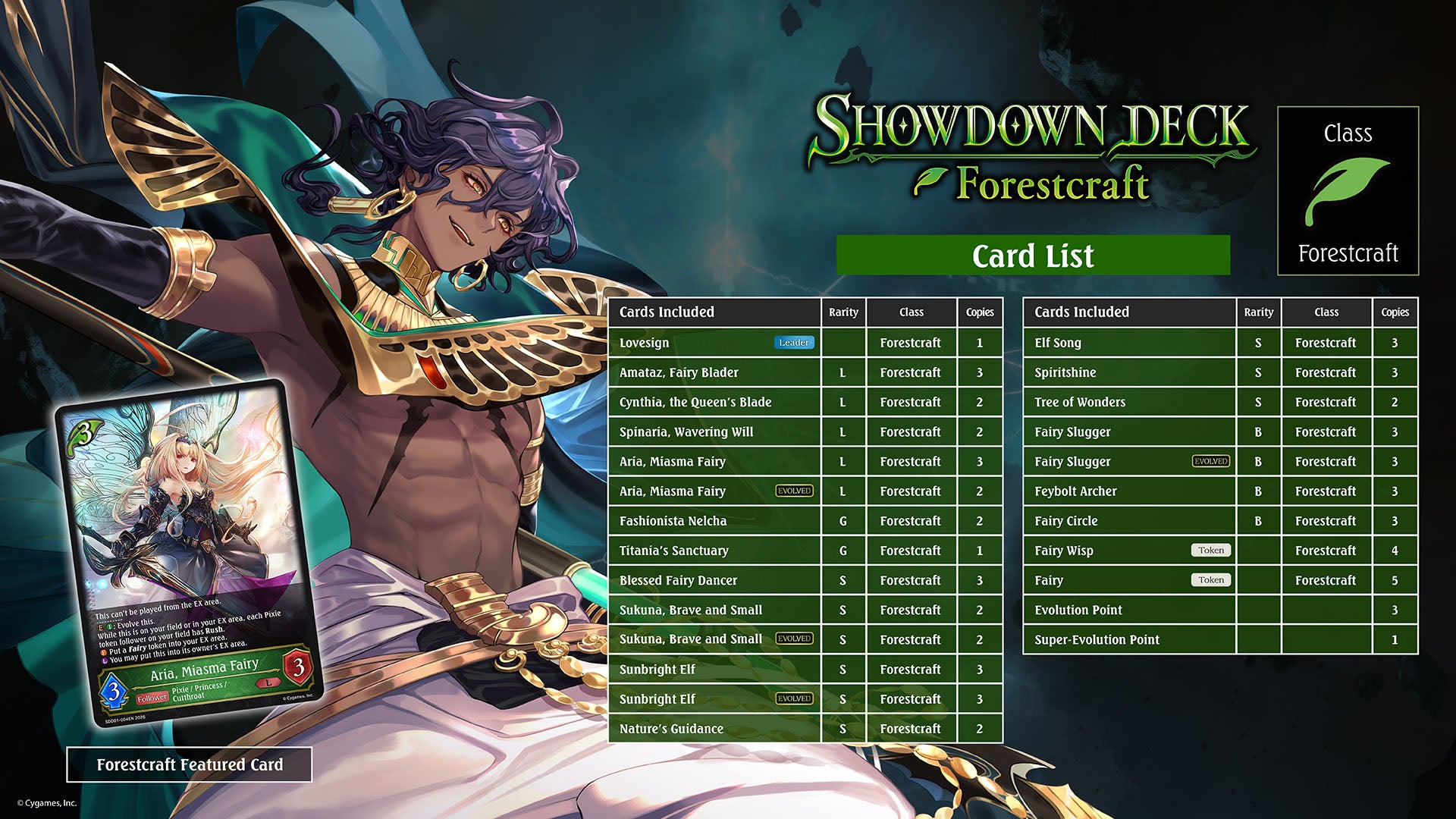 Card game interface showing a character and card list for 'Showdown Deck: Forestrcraft' with a focus on the character and card details.
