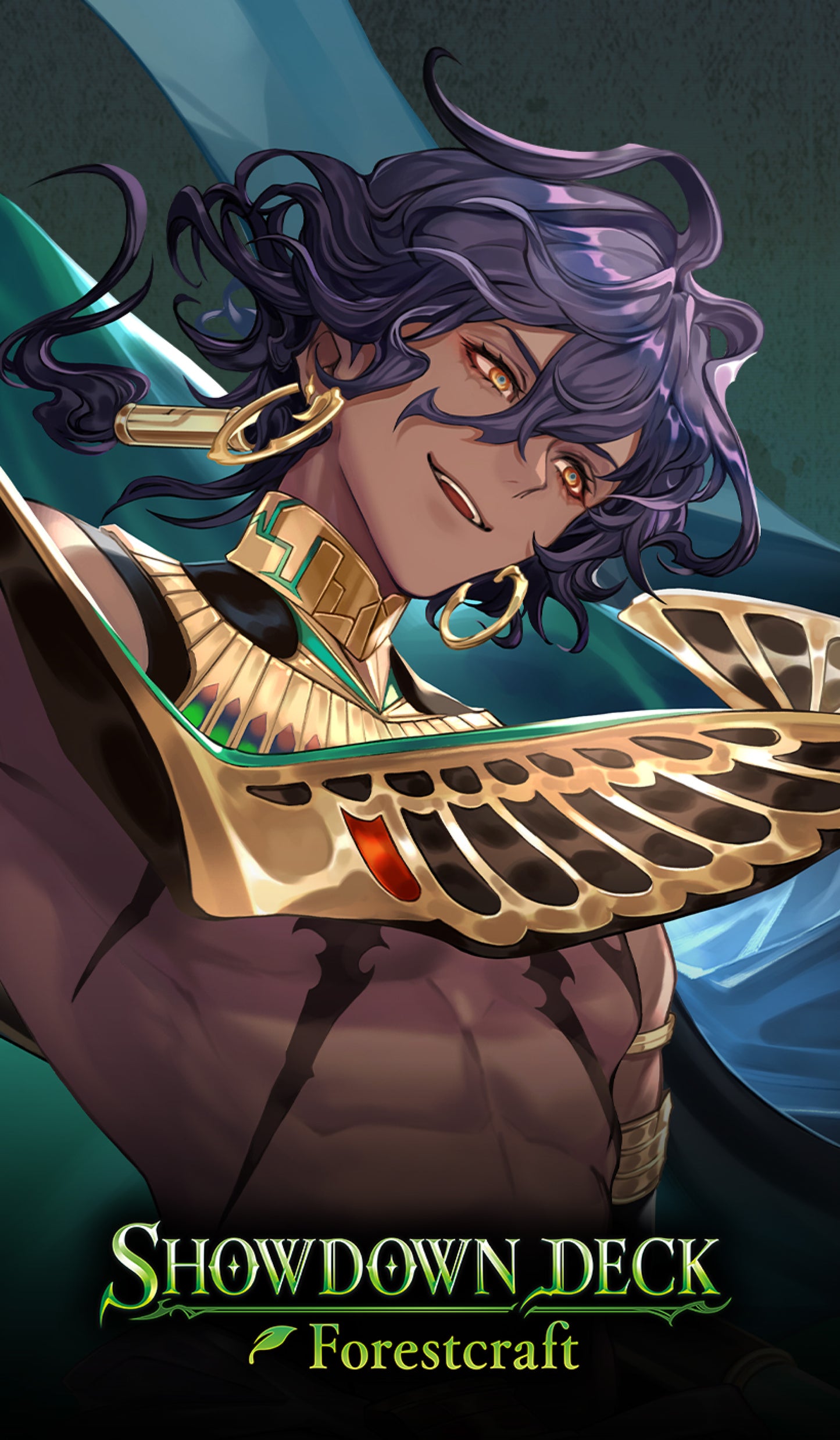 Character with purple hair and gold armor from 'Showdown Deck: Forestrcraft' on a dark background