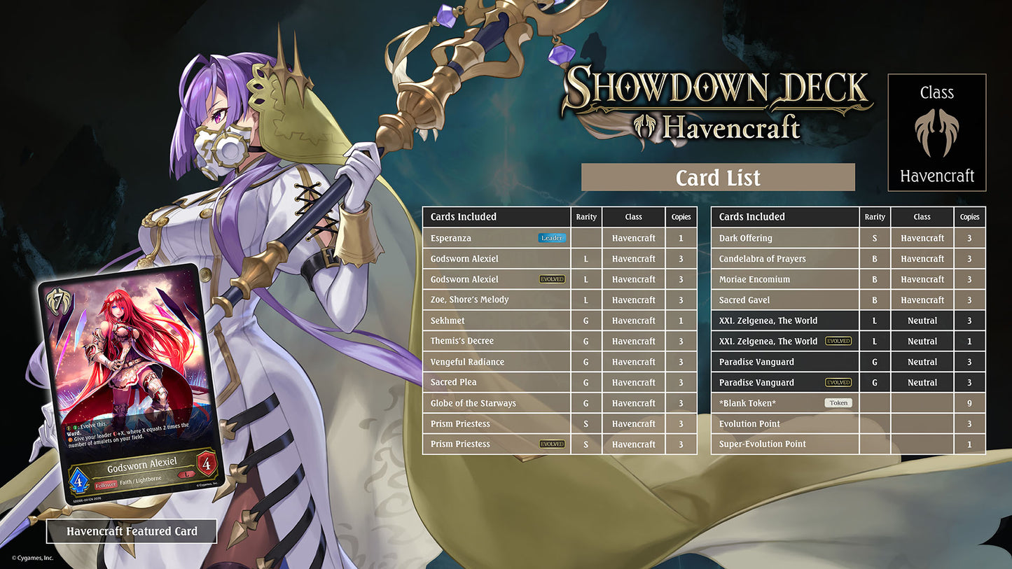 Character from Havencraft with a card list on a dark background