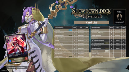 Character from Havencraft with a card list on a dark background