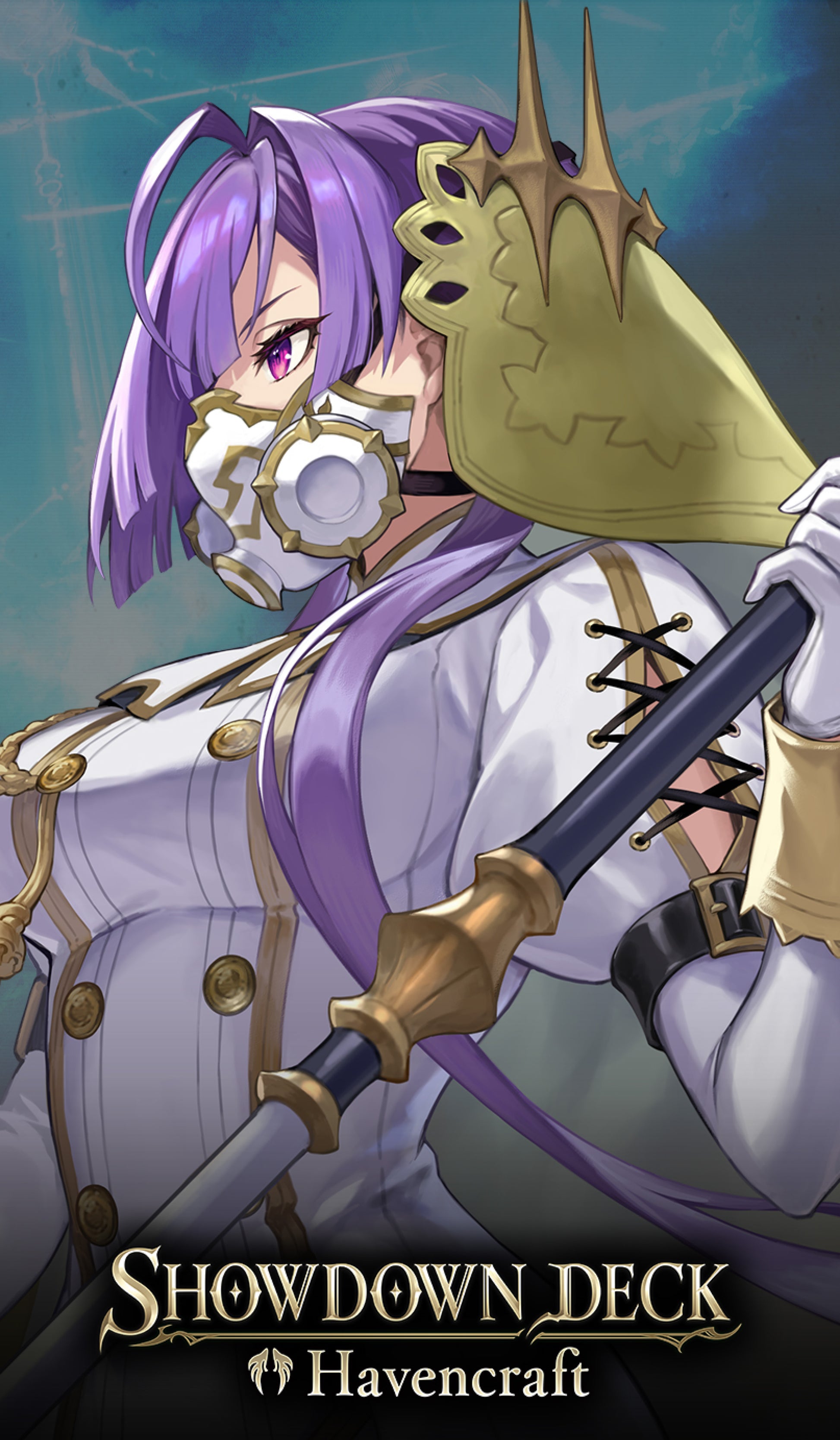 Character in ornate armor holding a sword with 'Showdown Deck Havencraft' text.