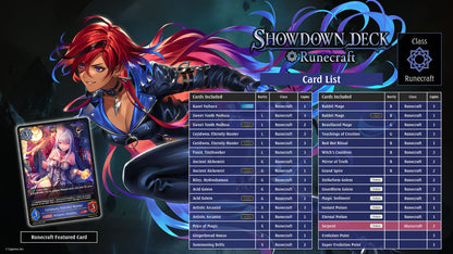 Character with red hair and futuristic outfit holding a card, with 'Showdown Deck' and 'Runicraft' text on a dark background.