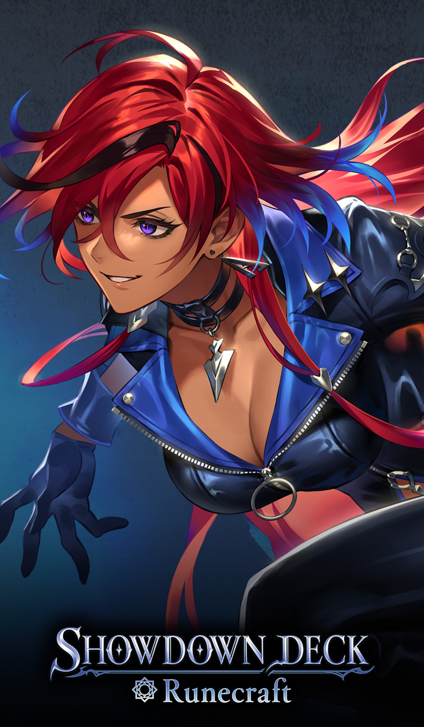 Animated character with red hair and blue outfit against a dark background, featuring 'Showdown Deck' and 'Runecraft' text.