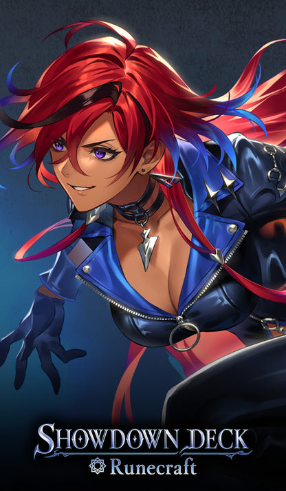 Animated character with red hair and blue outfit against a dark background, featuring 'Showdown Deck' and 'Runecraft' text.