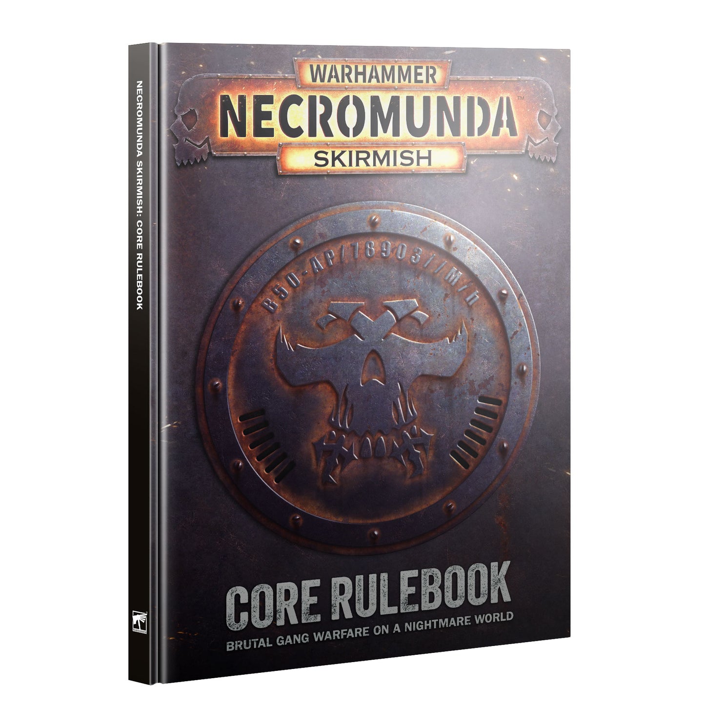Warhammer Necromunda Skirmish Core Rulebook book cover shown at a slight angle on a plain white background.