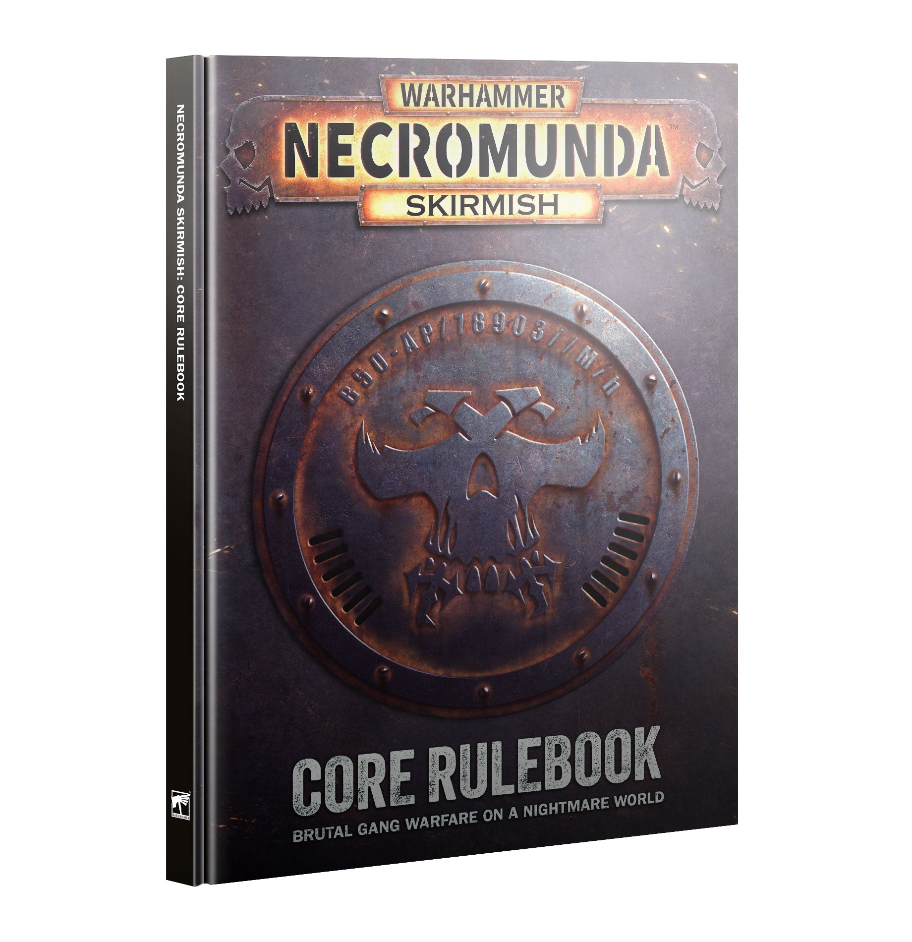 Warhammer Necromunda Skirmish Core Rulebook book cover shown at a slight angle on a plain white background.