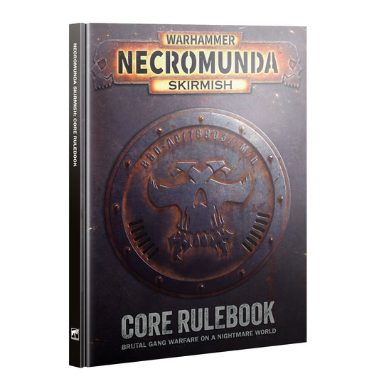 Warhammer Necromunda Skirmish Core Rulebook book cover shown at a slight angle on a plain white background.