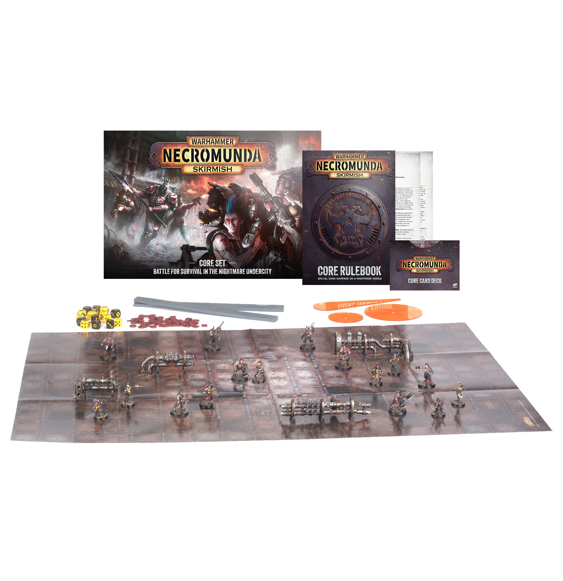 Necromunda Core Set 2 game box, core rulebook, playmat, dice, tokens, and miniature figures arranged on a white background.