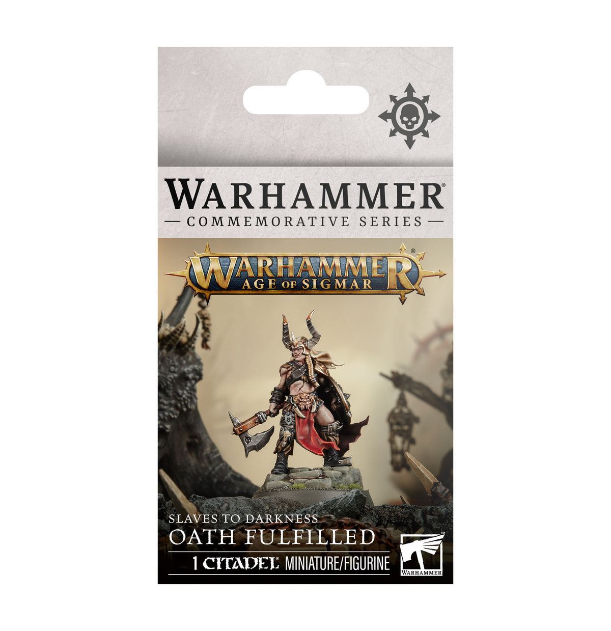 Warhammer Age of Sigmar Commemorative Series 'Oath Fulfilled' miniature figurine card pack, featuring a painted warrior figure on a rocky base with Warhammer branding and a white background.