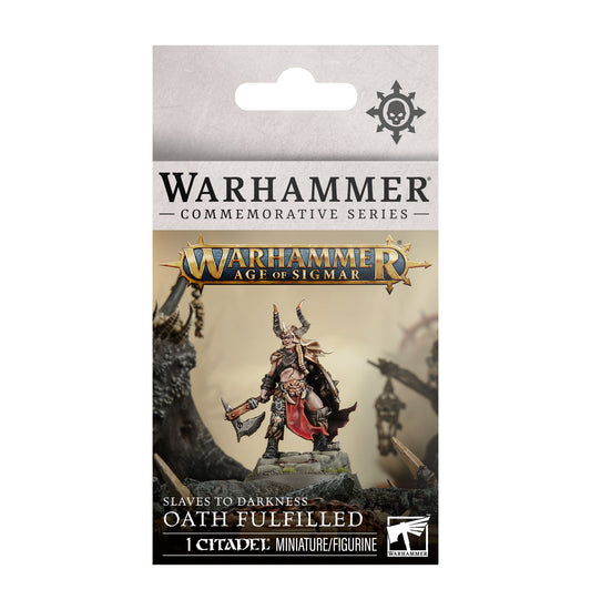 Warhammer Age of Sigmar Commemorative Series 'Oath Fulfilled' miniature figurine card pack, featuring a painted warrior figure on a rocky base with Warhammer branding and a white background.