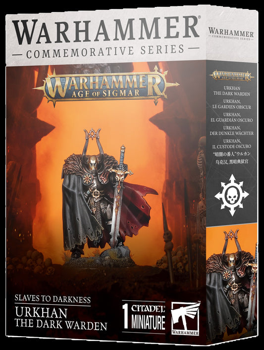 Warhammer Age of Sigmar figurine packaging with a warrior in dark robes and armor.