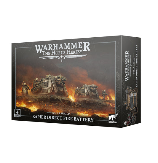 Warhammer The Horus Heresy game box with fiery landscape and military vehicles.