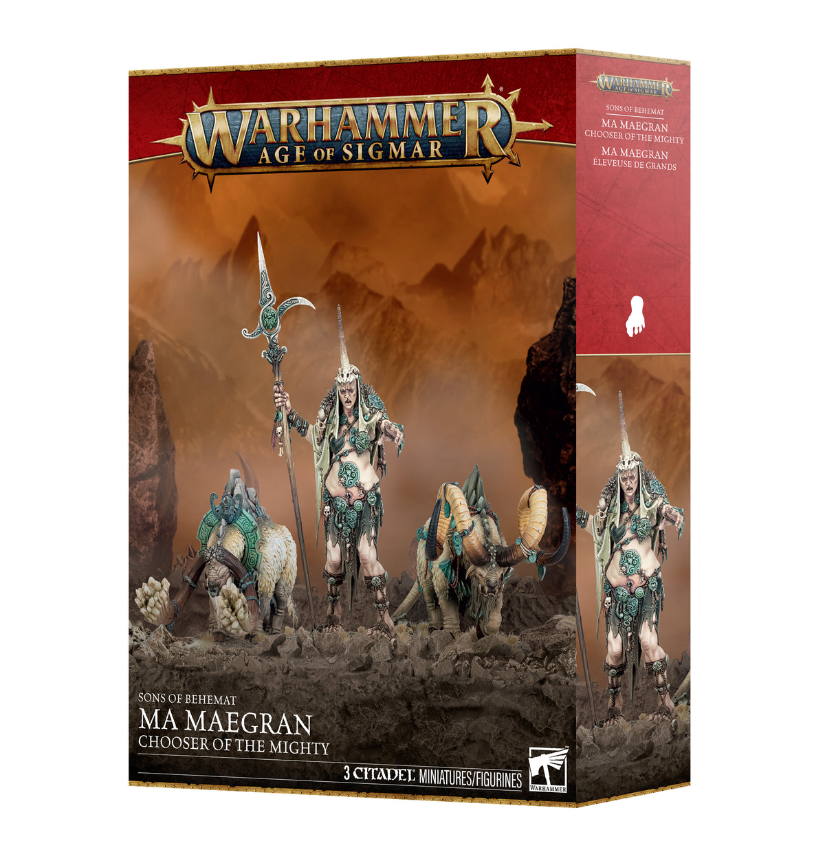 Warhammer Age of Sigmar Ma Maegran box set for Citadel miniatures, featuring illustrated fantasy warriors and a horse on the front of the retail packaging.