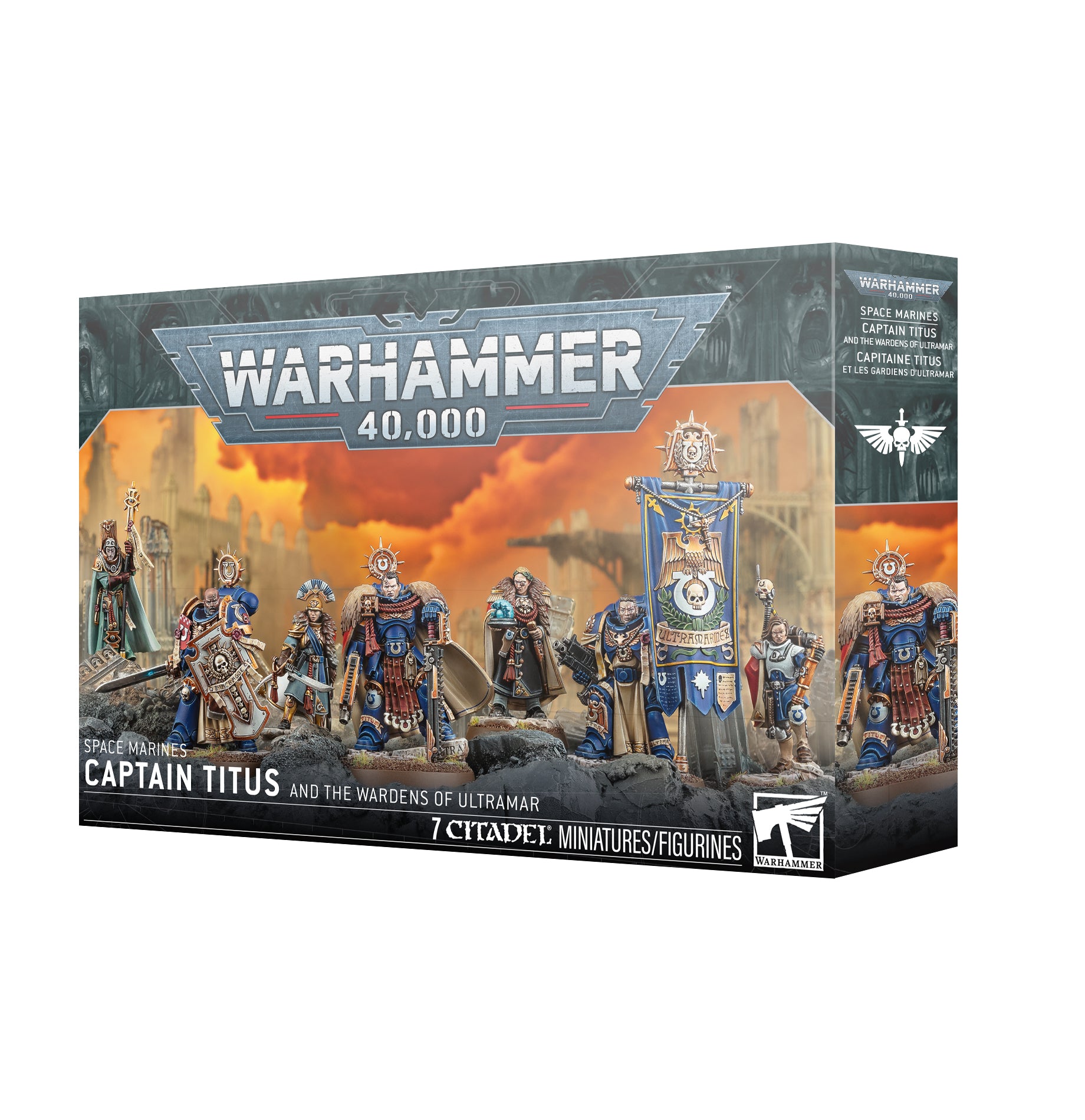 Warhammer 40,000 game box with characters and banner on a white background Captain Titus and Wardens of Ultramar