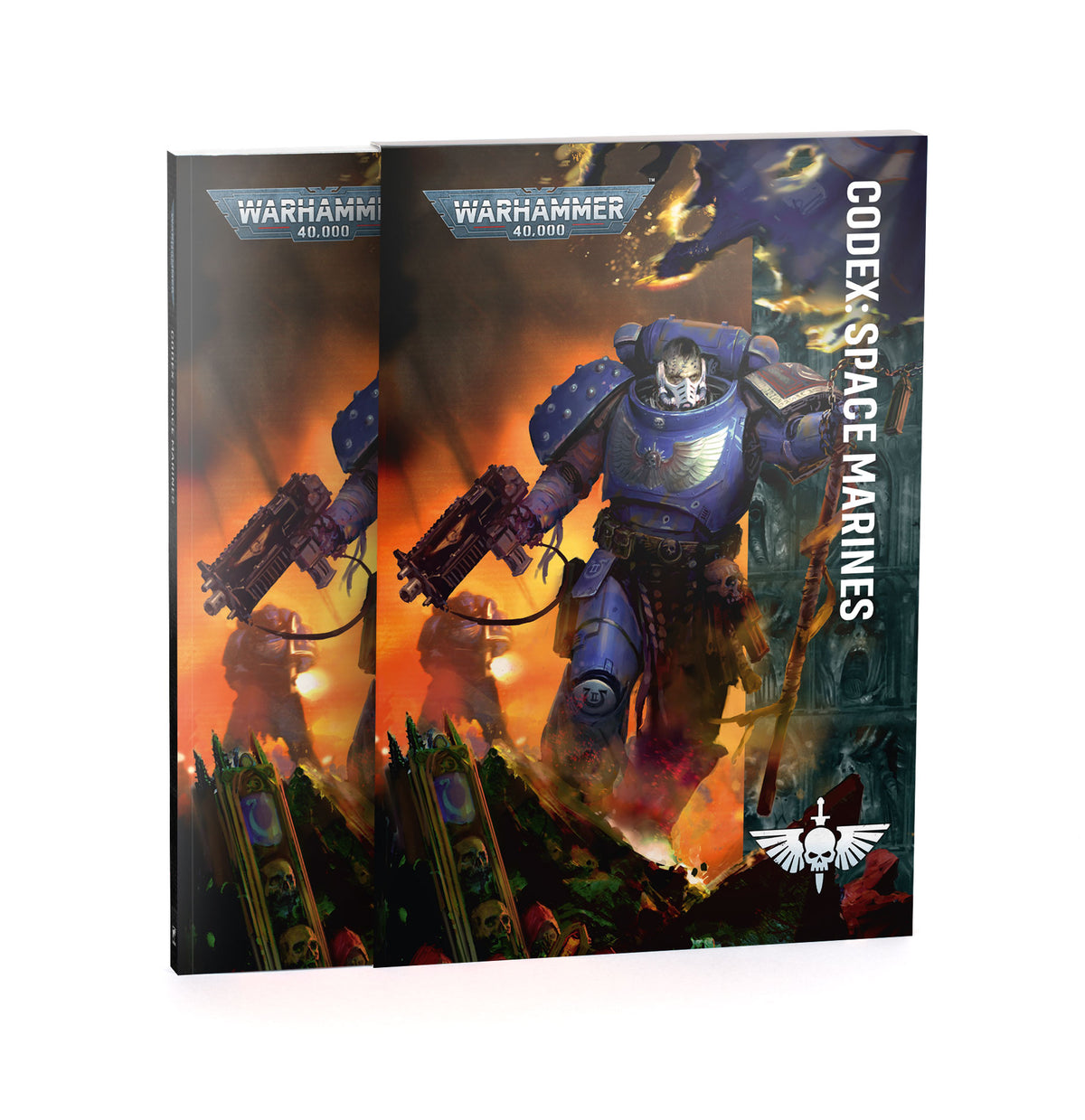 Two copies of the Warhammer 40,000 Codex Space Marines book shown standing upright against a plain white background. The cover art features a blue-armored space marine standing in a fiery, dark landscape, with the Warhammer and Space Marines branding visible.