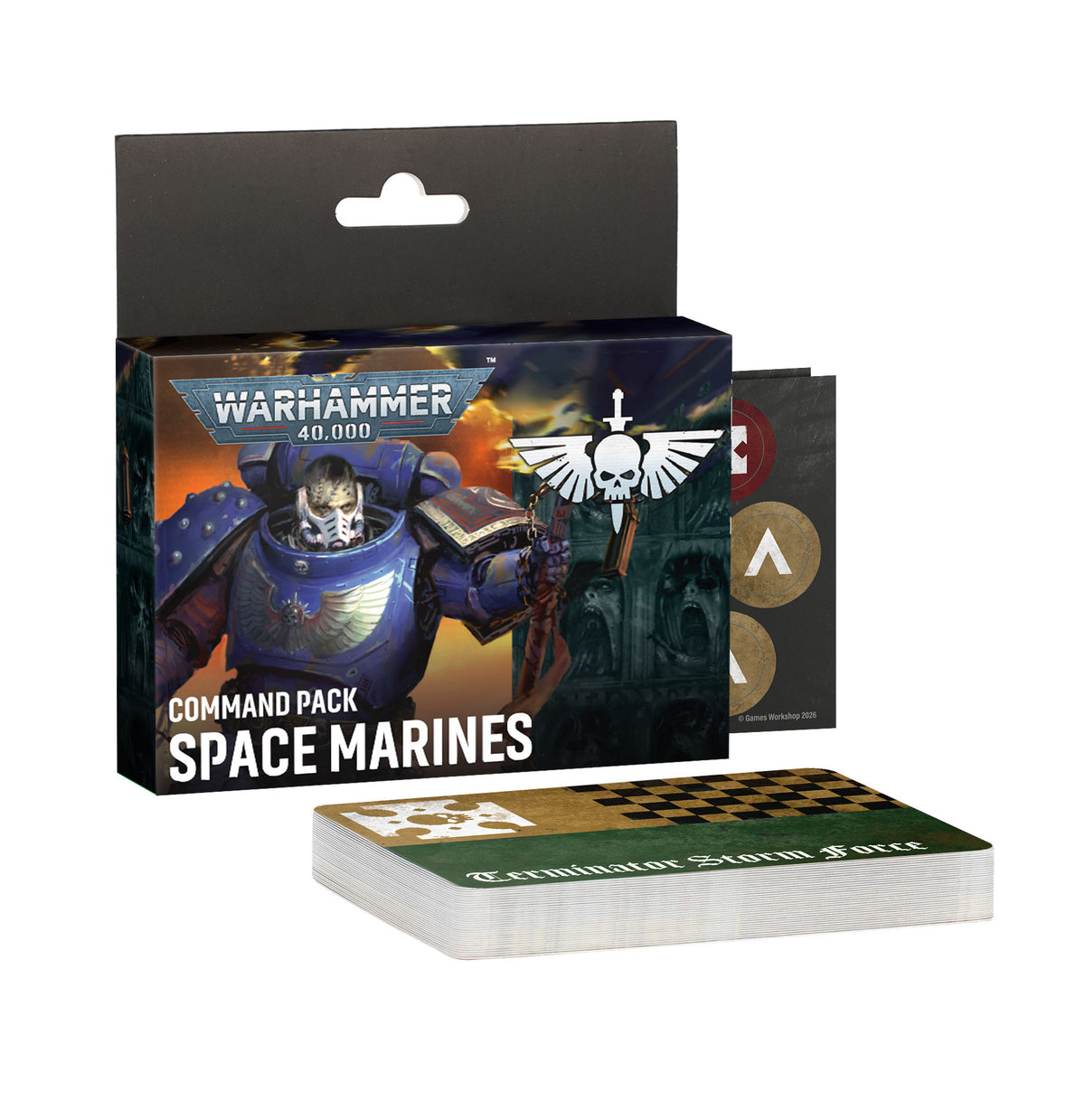 Warhammer 40,000 Command Pack: Space Marines, showing the retail box, a stack of cards, and a few individual cards on a plain white background.