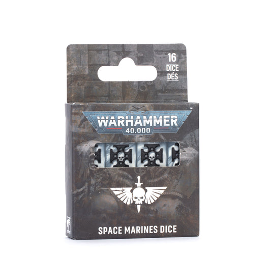 Pack of Warhammer 40,000 Space Marines dice in their original retail packaging, featuring a dark, industrial design with the Warhammer logo and the Space Marines winged skull emblem.