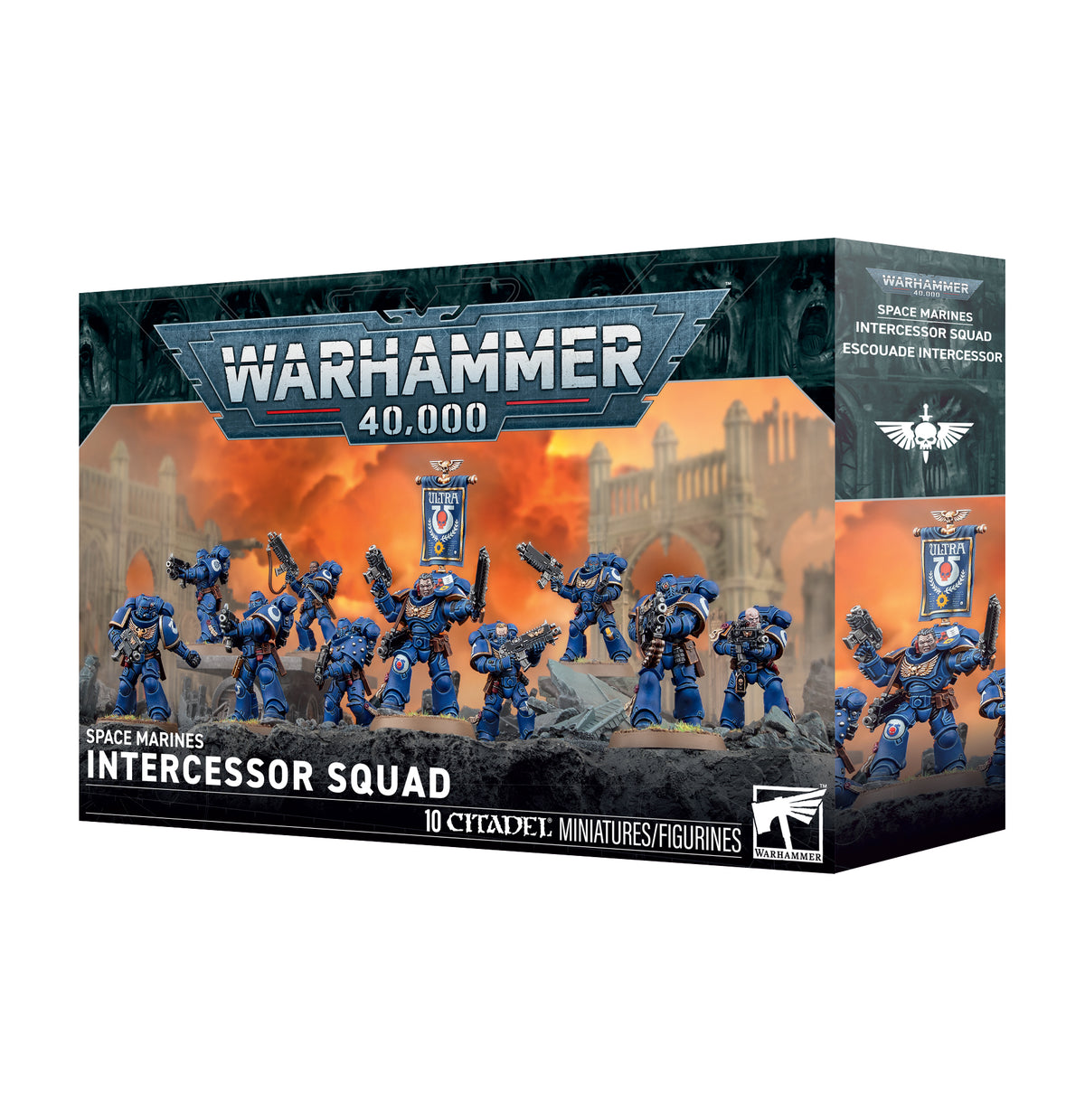 Warhammer 40,000 Space Marines Intercessor Squad miniatures box set, featuring blue armored space marine figures on a dark illustrated box with orange battle artwork.