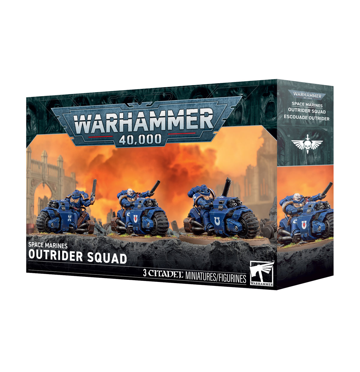 Warhammer 40,000 Space Marines Outrider Squad miniatures box, featuring blue armored vehicles on a dark illustrated box with orange battle scenery.