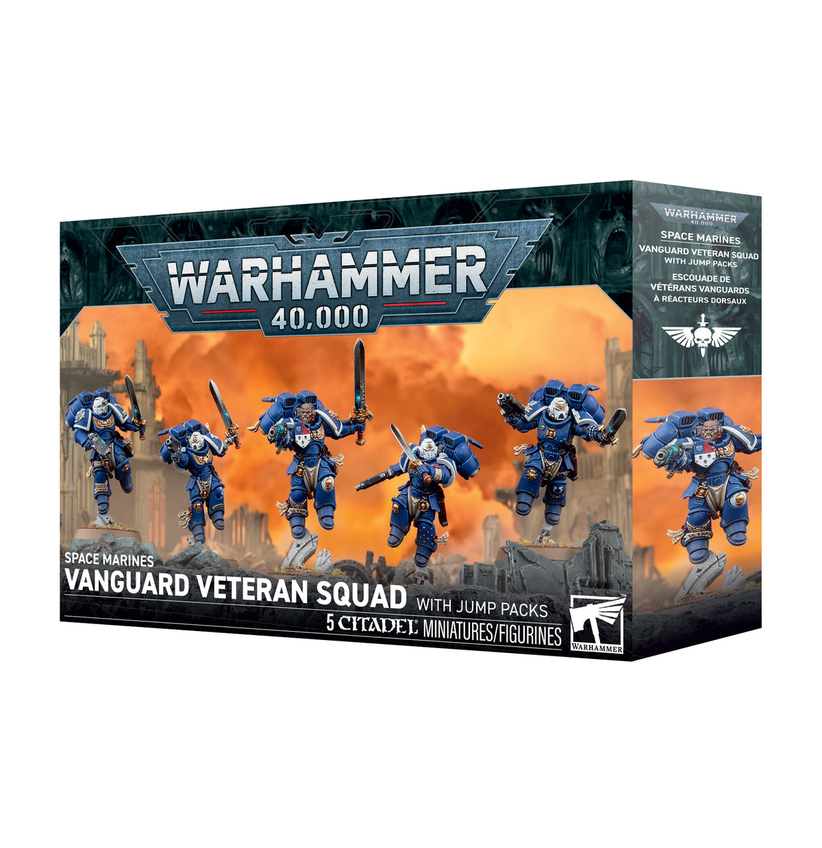 Warhammer 40,000 Space Marines Vanguard Veteran Squad miniatures box set, featuring five blue-armored sci-fi soldier figures on the front of the packaging.