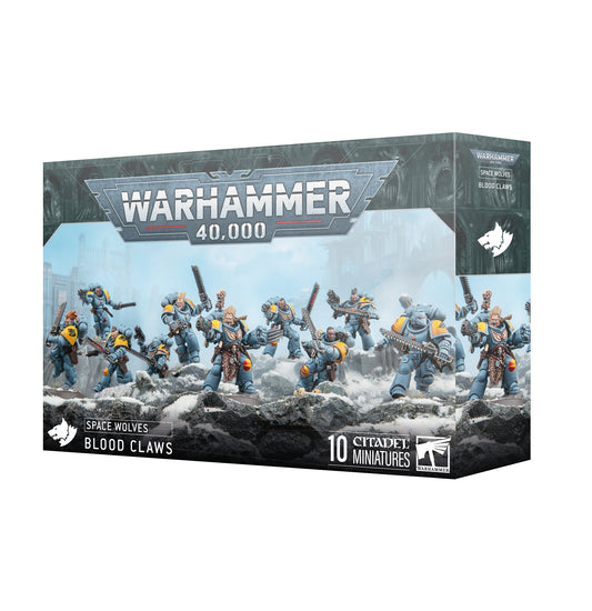 Warhammer 40K Space Wolves Blood Claws box set with 10 dynamic Citadel miniatures in detailed armor and weapons, snowy battlefield backdrop — Warhammer 40,000 close-combat Space Marine unit.