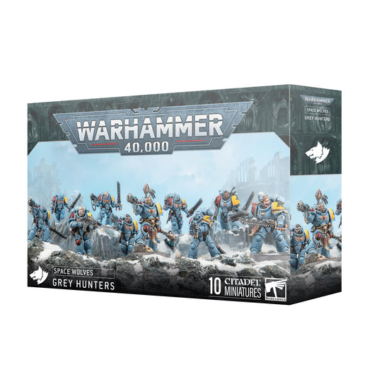 Warhammer 40K Space Wolves Grey Hunters box set with 10 Citadel miniatures in dynamic poses — customizable Warhammer 40,000 Space Marine infantry kit.